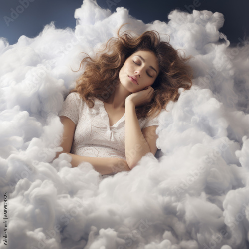 Woman asleep on soft, fluffy clouds
