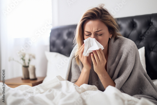 Woman sick in bed with the common cold flu blows her nose with a tissue photo