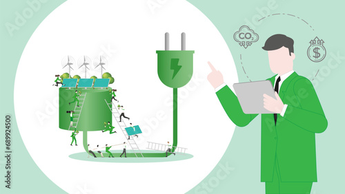 ESG sustainability business policy. Carbon credit calculate from reduce carbon footprint and carbon offset. Profit of green electricity