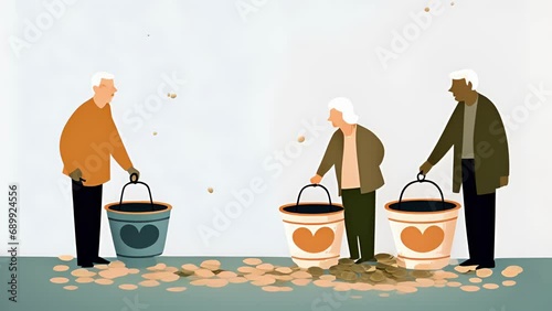 An ilration of a man and woman in their 60s each with a bucket of coins representing their Social Security earnings if they start collecting. . photo