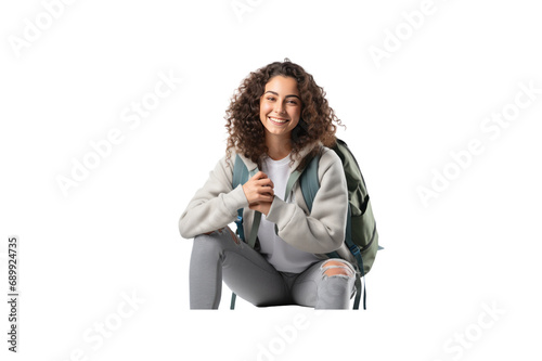 Fun female student wearing a casual sweater Sitting near a backpack, a book, holding hands, using a cell phone