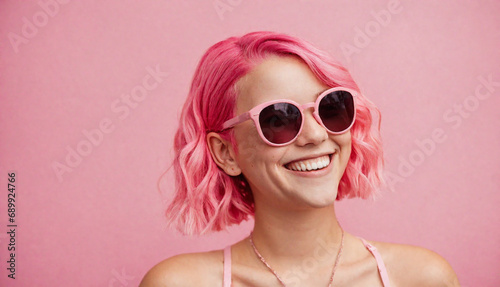 Young girl with pink hair, pink sunglasses, pink background, smiling, happy, summer vibe