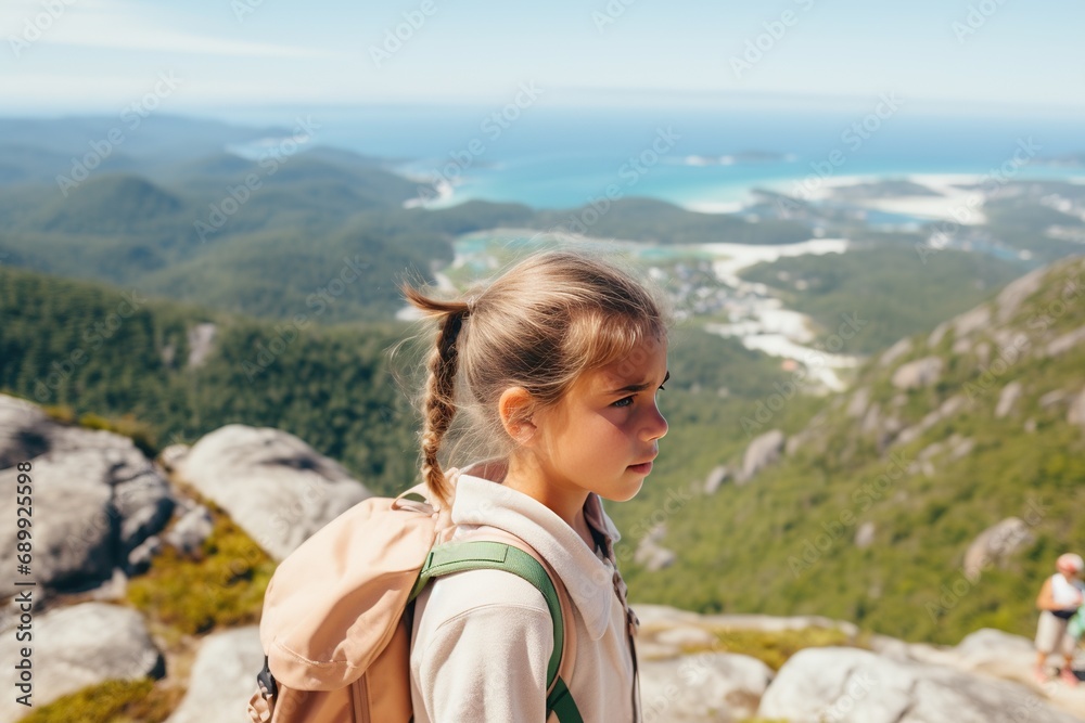 A young girl with a backpack stands on top of a mountain and admires the panorama
