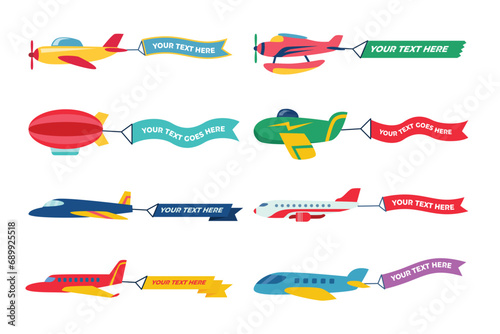 Set of Flying vintage Airplane Show Advertising Banner, Ideal for web banners and printable materials, aircraft with blank message advertisement and text template ad, aeroplane or airliner advertising