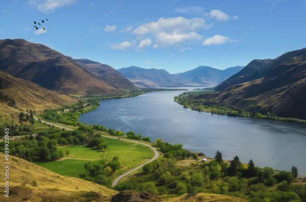 Nature view of mountains, river in the morning bird seamless looping time -animtion background Nature view of mountains, river in the morning bird seamless looping time -animtion background