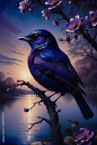 lighting intricately detailed beautiful dark blue and dark purple bird