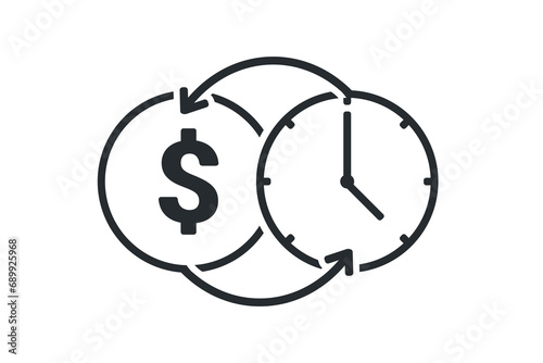 Time money. Clock and coin exchange icon. Vector illustration
