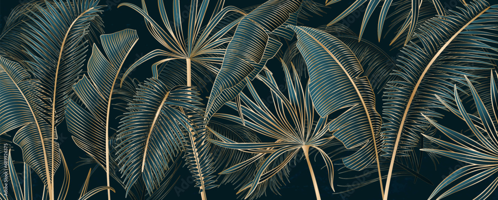 Abstract luxury art background with exotic plants in golden line style. Botanical banner with tropical leaves for wallpaper, decor, print, packaging, interior design. - obrazy, fototapety, plakaty 