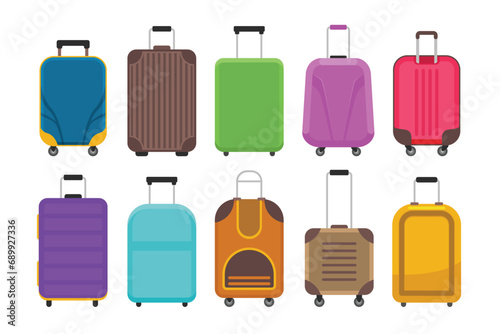 Set of luggage collection, colorful Travel luggage set for travel or journey, Suitcase plastic bag, travel bag luggage summer tour with bags and suitcases. accessory briefcase. vector illustration