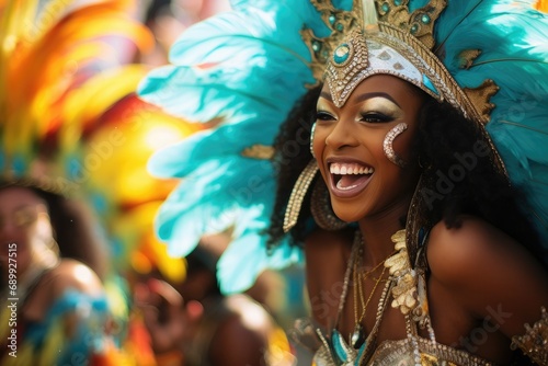young female with dark skin wearing feathers dancing on carnival