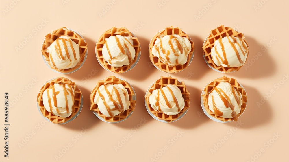 Top view of waffle overflowing with scoops of vanilla and caramel swirl ice cream against beige background. Top view of waffle overflowing with scoops of vanilla and caramel swirl ice cream against beige background.