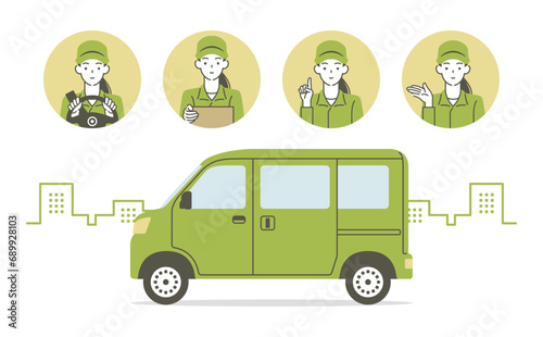 軽ワゴン車と女性ドライバー(配達員)のポーズセット