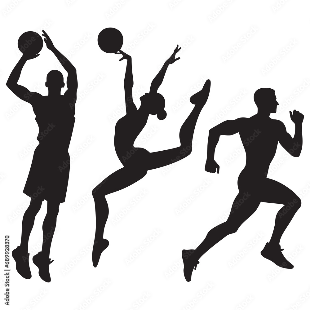 Vector black isolated icons silhouettes of athletes on white background. A basketball player taking a shot, a gymnast performing a routine and a runner in mid stride. Sportsman icon collection Vector black isolated icons silhouettes of athletes on white background. A basketball player taking a shot, a gymnast performing a routine and a runner in mid stride. Sportsman icon collection