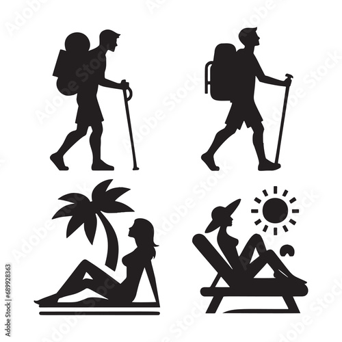 Black vector isolated icons silhouettes set of traveling and vacationing people. A person with a backpack hiking, a women sunbathing on a beach lounger, and a traveler. Isolated silhouettes on white