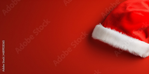 Santa Claus red hat close up on red background. Merry Christmas concept. photo
