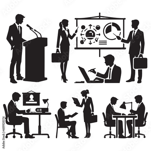 Vector icons silhouettes signs set of working professionals. A person presenting at a podium, another individual adjusting a projector and someone brainstorming on a whiteboard. Isolated set on white