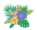 Tropical flowers and exotic leaves. Decorative Colorful flat drawing. Vector illustration isolated on transparent background.