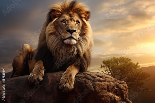 Single lion standing proudly on a small hill. Lion of Judah  exuding strength and power. big male lion. Image about animal.