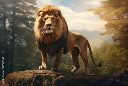 Single lion standing proudly on a small hill. Lion of Judah, exuding strength and power. big male lion. Image about animal. photo