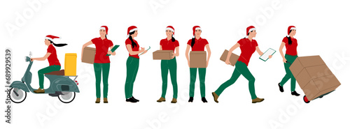Set of delivery workers in Santa hat holding boxes with a clipboard. Warehouseman wearing Christmas hats with cargo carts. Vector illustration isolated on white