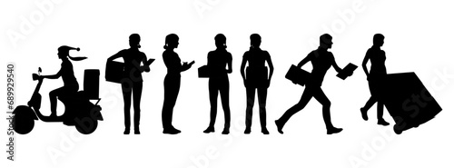 Set of delivery workers in Santa hat holding boxes with a clipboard. Warehouseman wearing Christmas hats with cargo carts. Vector illustration isolated on white