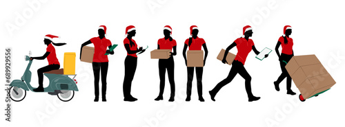 Set of delivery workers in Santa hat holding boxes with a clipboard. Warehouseman wearing Christmas hats with cargo carts. Vector illustration isolated on white