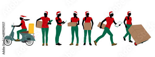 Set of delivery workers in Santa hat holding boxes with a clipboard. Warehouseman wearing Christmas hats with cargo carts. Vector illustration isolated on white
