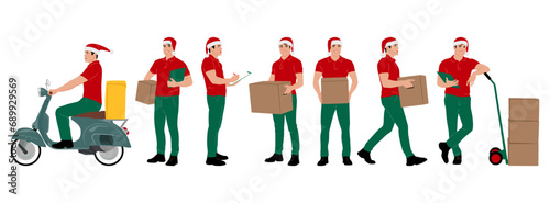 Set of delivery workers in Santa hat holding boxes with a clipboard. Warehouseman wearing Christmas hats with cargo carts. Vector illustration isolated on white