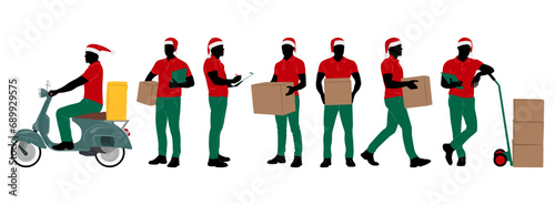 Set of delivery workers in Santa hat holding boxes with a clipboard. Warehouseman wearing Christmas hats with cargo carts. Vector illustration isolated on white