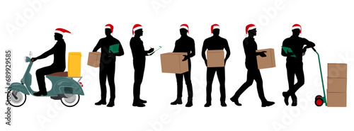 Set of delivery workers in Santa hat holding boxes with a clipboard. Warehouseman wearing Christmas hats with cargo carts. Vector illustration isolated on white