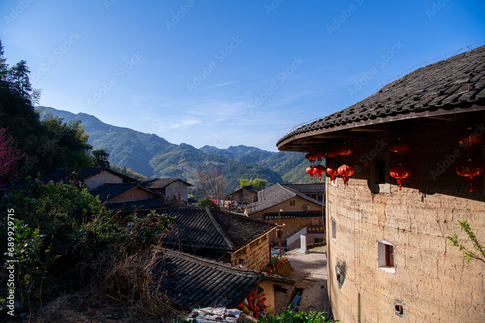 Background of the roofs of the Tulou Buildings on a sunny day