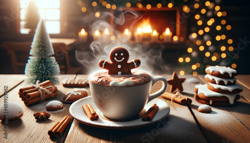  image showing a close-up of a steaming cup of hot chocolate with a gingerbread man partially submerged in it, set on a winter-themed cafe table photo