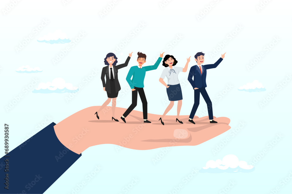 Business people employees pointing to the same goal in company hand, company culture or employees sharing the same value, goals and attitude to make up organization and corporate success (Vector)
