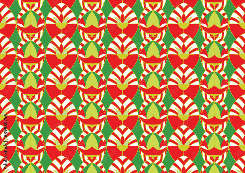 The image is a background pattern featuring a symmetrical design in red and colorful hues. It could be used for clothing, wrapping paper, or fabric motifs.