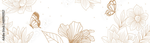 Background design of beautiful line arts flower and butterflies. Natural background design in modern style.