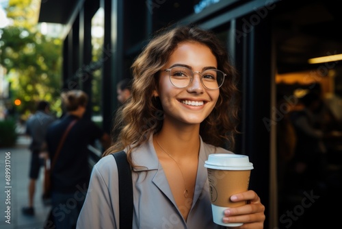 Young woman smiling and holding a paper-cup next to the office building