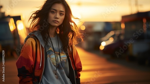 an East Asian woman, edgy street style, wearing a neon windbreaker, cargo pants, platform shoes, holding a skateboard in a skate park at sunset photo