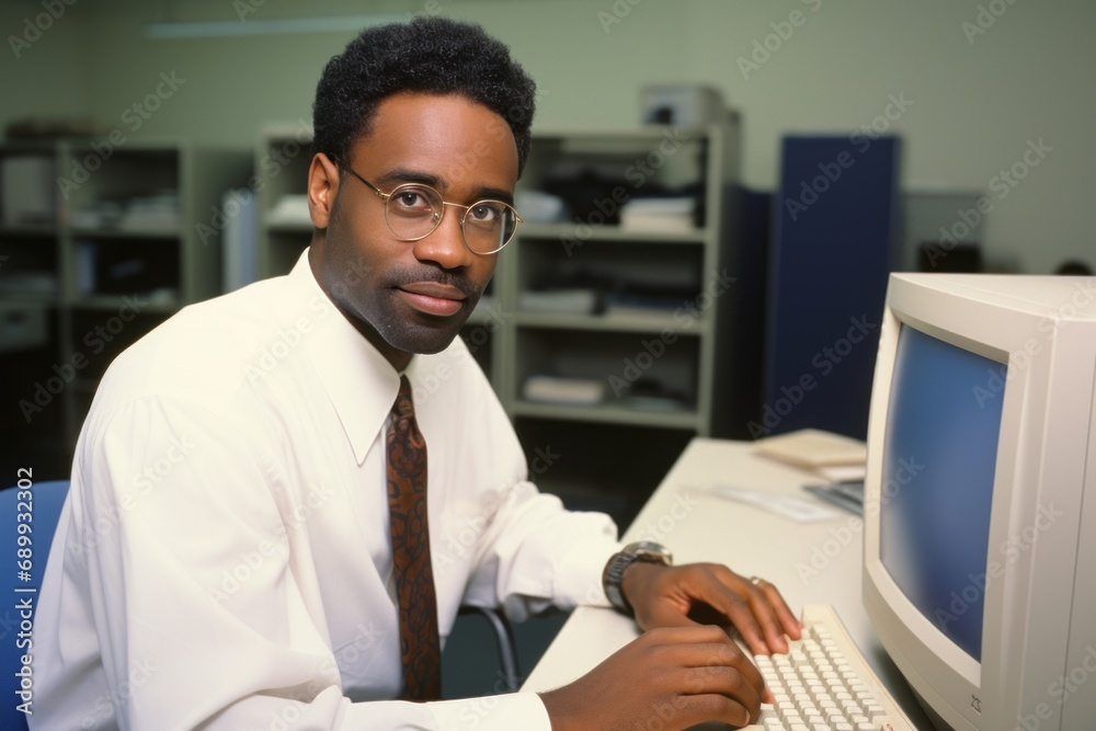 Man in the 1990s using a computer. Generative AI.