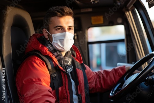 Young truck driver wearing protective mask