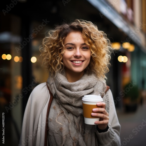 Young woman with coffee cup smiling outdoors