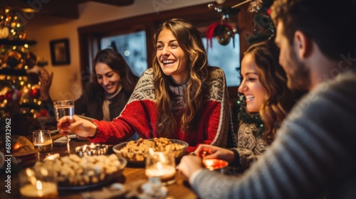 Millenial people tasting Christmas sweets at home supper party - New year s eve and winter holiday concept with young friends having fun eating together at evening - Bulb string lights warm filter