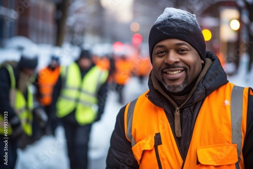 Portrait of a smiling Middle aged african american sanitation worker working in sanitation in the city during the winter and snow photo