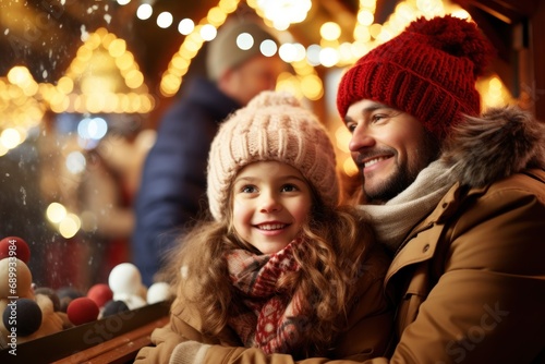 family, winter holidays and celebration concept - happy mother, father and little daughter at christmas market on town hall square in tallinn,