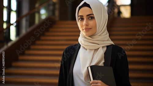 An Arab young woman student with expressive facial features, with large beautiful eyes, stands near the stairs in a university building. She is dressed in a black hijab and white clothes under it.