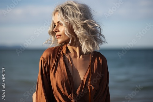 Mature woman with grey hair at the beach