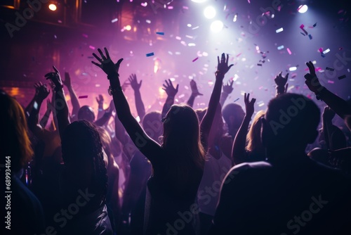 Close up photo of many party people dancing purple lights confetti flying everywhere nightclub event hands raised up wear shiny clothes photo