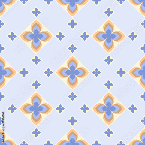 In this seamless pattern, large flowers are arranged in a harmonious blue, orange and brown. Decorated with small blue flowers placed neatly, on blue background. Looks beautiful, refined, attractive.
