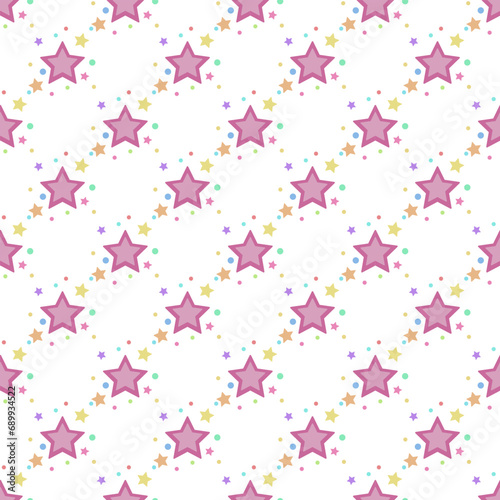 In this seamless pattern, create a geometric shape of a large pink star surrounded by smaller stars and colorful circles, on light pink background. Looks beautiful and bright.