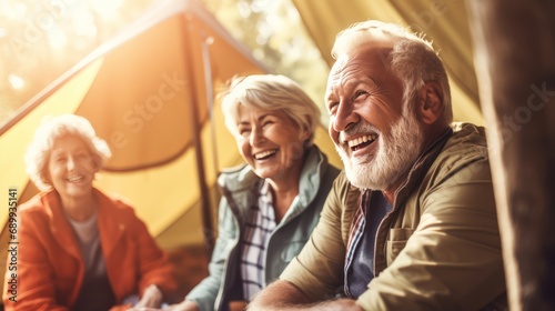 A Candid capture of joyful senior citizens enjoying companionship at a social club. Collect friendships and fun during camping adventures in misty forests and lakes.