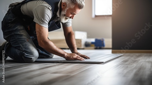 A Construction worker installing laminate flooring, room decoration design, professional technician, laminate background.